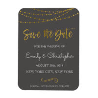 Gold Foil String Lights and Script Save the Date