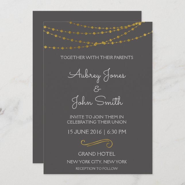 Gold Foil String Lights and Script Wedding Invitation (Front/Back)