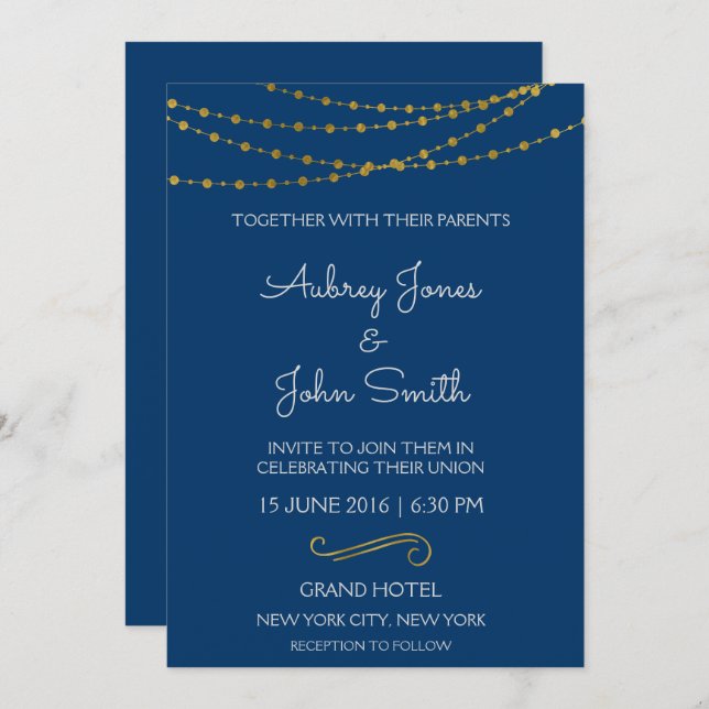 Gold Foil String Lights and Script Wedding Invitation (Front/Back)