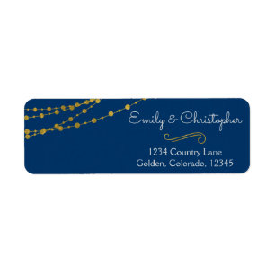 Gold Foil String Lights and Script Wedding Return Address Label
