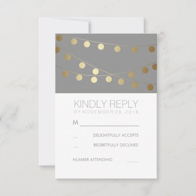 Gold Foil String Lights Modern Wedding RSVP Cards (Front)