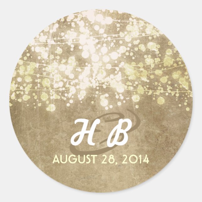 gold foil string lights rustic wedding classic round sticker (Front)