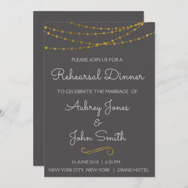 Gold Foil String Lights & Script Rehearsal Dinner Invitation (Front/Back)
