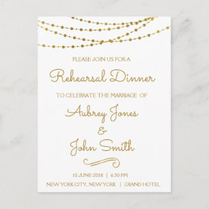 Gold Foil String Lights & Script Rehearsal Dinner Invitation Postcard