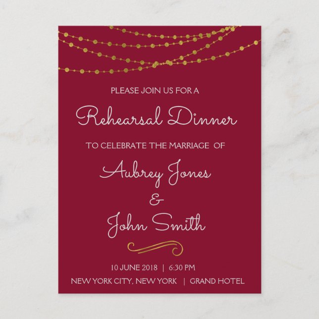 Gold Foil String Lights & Script Rehearsal Dinner Postcard (Front)