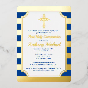 Gold Foil Striped 1st Communion Invite with Cross