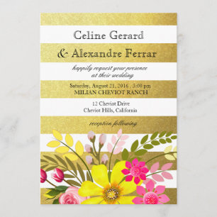 Gold Foil Striped Folklore Flowers Wedding yellow Invitation