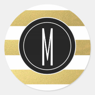 GOLD FOIL STRIPES BLACK MONOGRAM CLASSIC ROUND STICKER