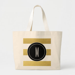 GOLD FOIL STRIPES BLACK MONOGRAM LARGE TOTE BAG