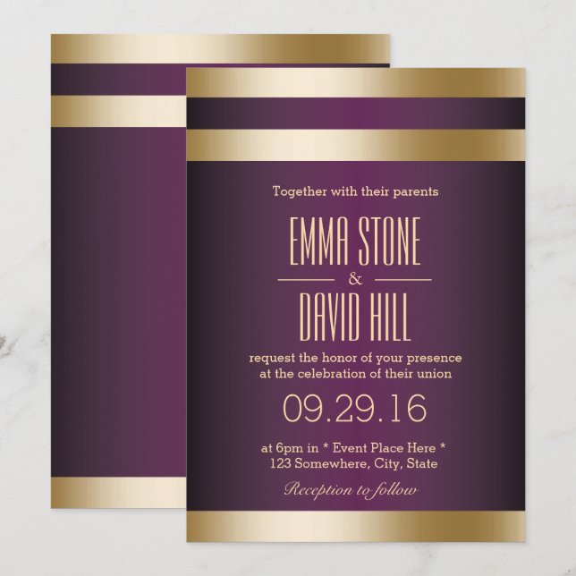 Gold Foil Stripes Dark Purple Wedding Invitation (Front/Back)