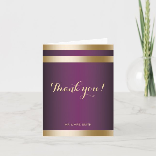 Gold Foil Stripes Elegant Purple Wedding Thank You Card (Front)