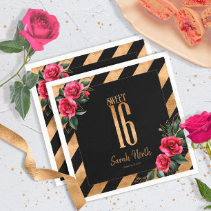 Gold Foil Stripes Floral Black ID757 Napkin