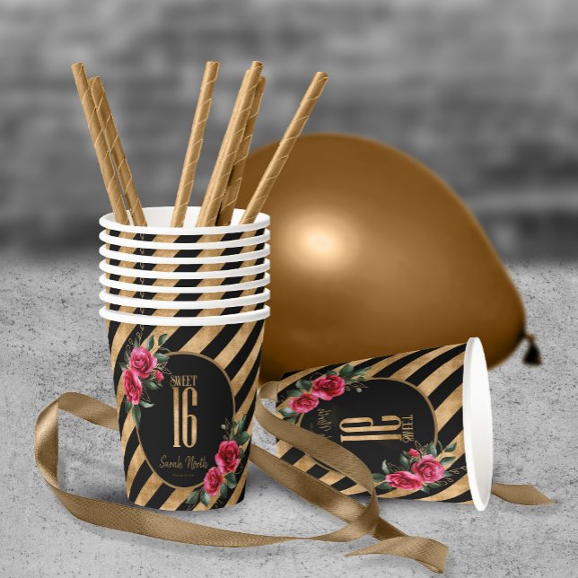 Gold Foil Stripes Floral Black ID757 Paper Cups (Creator Uploaded)