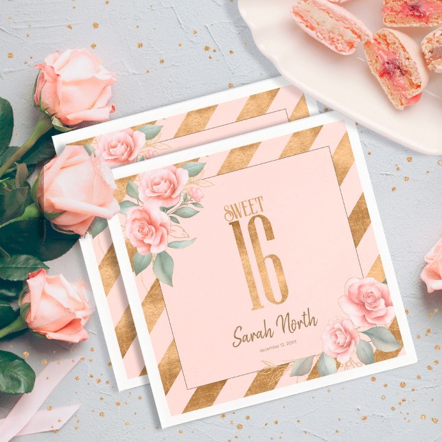 Gold Foil Stripes Floral Blush ID757 Napkin (Creator Uploaded)