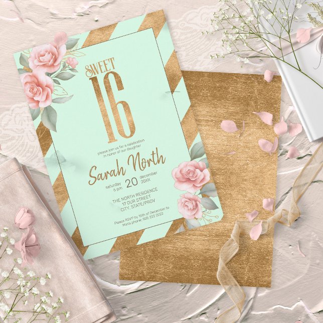 Gold Foil Stripes Floral Mint ID757 Invitation (Creator Uploaded)