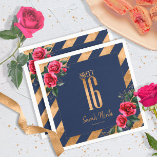 Gold Foil Stripes Floral Navy Blue ID757 Napkin