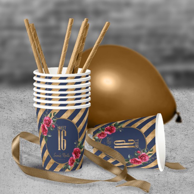 Gold Foil Stripes Floral Navy Blue ID757 Paper Cups (Creator Uploaded)