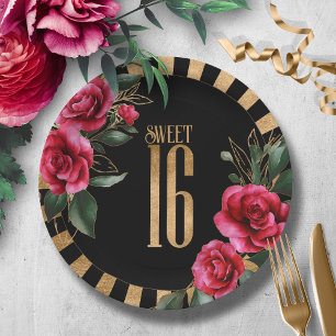 Gold Foil Stripes Floral Sweet Sixteen Black ID757 Paper Plate