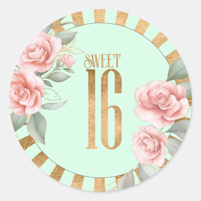 Gold Foil Stripes Floral Sweet Sixteen Mint ID757 Classic Round Sticker (Front)