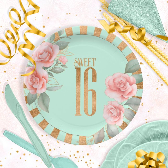 Gold Foil Stripes Floral Sweet Sixteen Mint ID757 Paper Plate (Creator Uploaded)