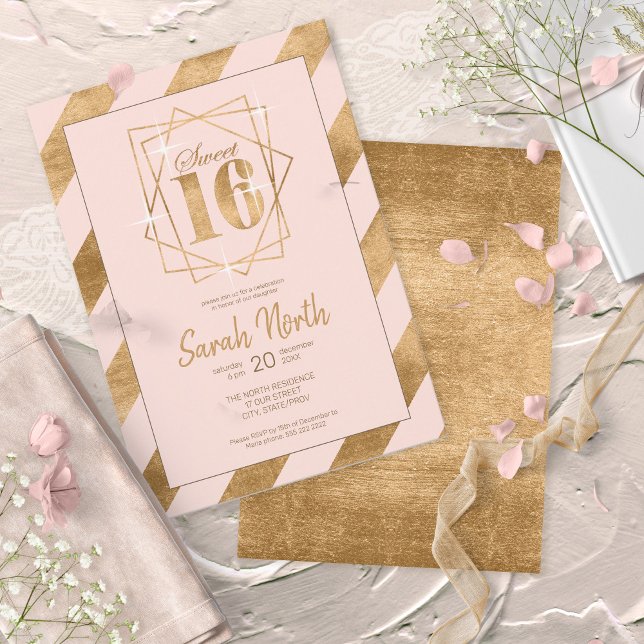Gold Foil Stripes Frame Sweet 16 Blush ID758 Invitation (Creator Uploaded)