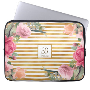 Gold Foil Stripes Gorgeous Flower Monogram Girl Laptop Sleeve