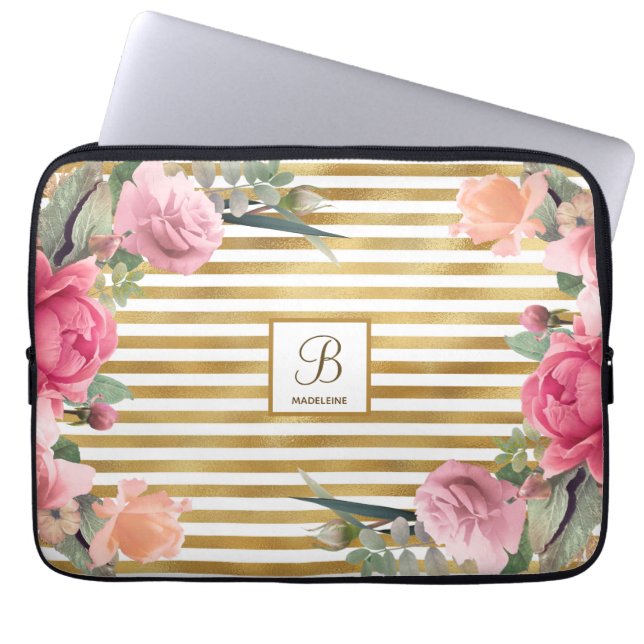 Gold Foil Stripes Gorgeous Flower Monogram Girl Laptop Sleeve (Front)