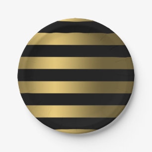 Gold Foil Stripes on Black Classy Paper Plate