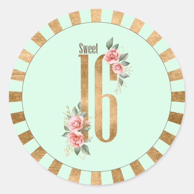 Gold Foil Stripes Sweet Sixteen Mint Green ID756 Classic Round Sticker (Front)