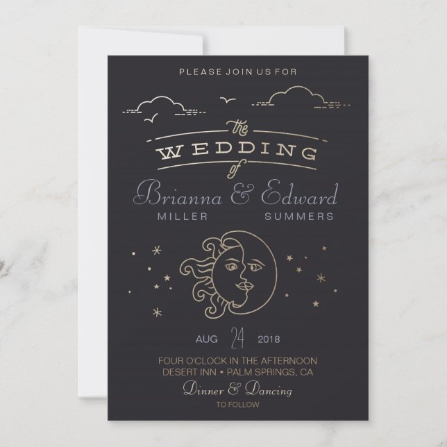 Gold foil Sun and Moon Wedding Invitation (Front)