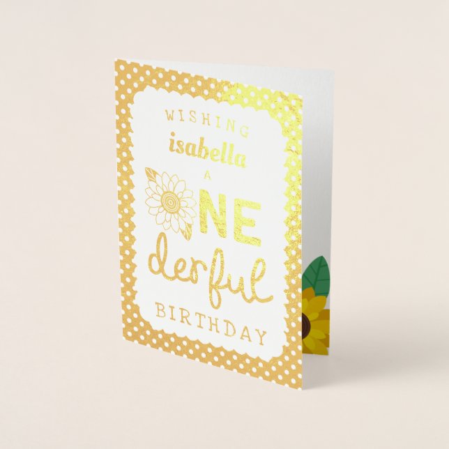 Gold Foil Sunflower Onederful Birthday Card (Front)