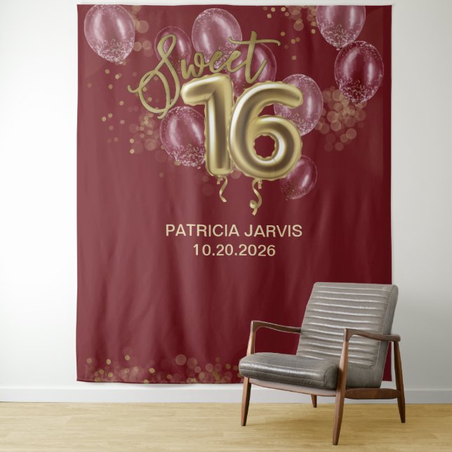Gold Foil Sweet 16 Balloons Burgundy Backdrops Tapestry (In Situ)
