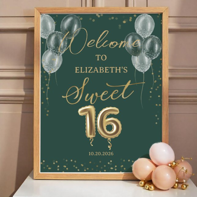 Gold Foil Sweet 16 Balloons Green Welcome Sign (Creator Uploaded)