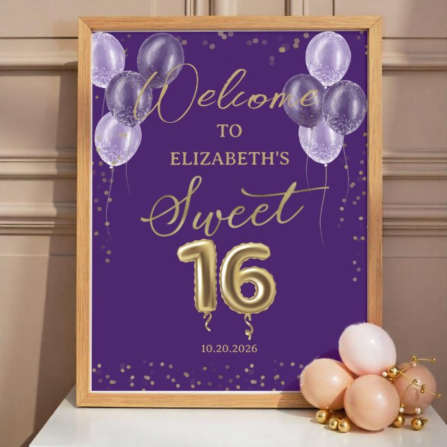 Gold Foil Sweet 16 Balloons Purple Welcome Sign  (Creator Uploaded)