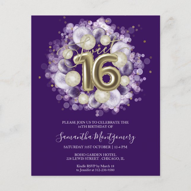 Gold Foil Sweet 16 Bday Balloons Budget Invitation (Front)