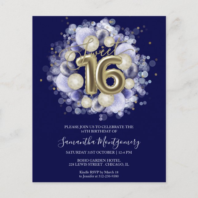 Gold Foil Sweet 16 Bday Balloons Budget Invitation (Front)