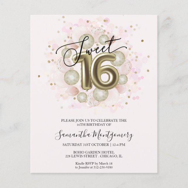 Gold Foil Sweet 16 Bday Balloons Budget Invitation (Front)