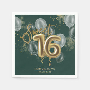 Gold Foil Sweet 16 Bday Balloons Emerald Green Napkin
