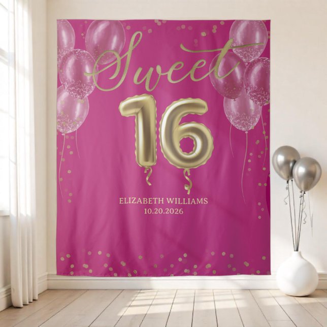 Gold Foil Sweet 16 Bday Balloons Hot Pink Backdrop Tapestry (Creator Uploaded)