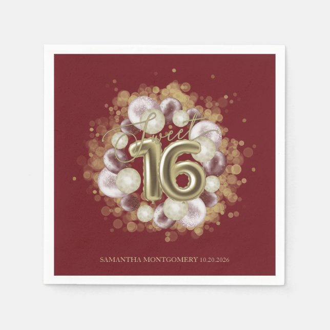 Gold Foil Sweet 16 Bday Balloons Party Burgundy Napkin (Front)