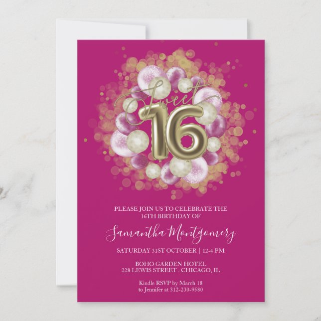 Gold Foil Sweet 16 Bday Balloons Party Hot Pink Invitation (Front)