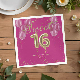 Gold Foil Sweet 16 Bday Balloons Party Hot Pink Napkin