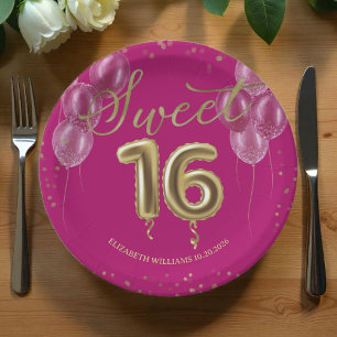 Gold Foil Sweet 16 Bday Balloons Party Hot Pink Paper Plate