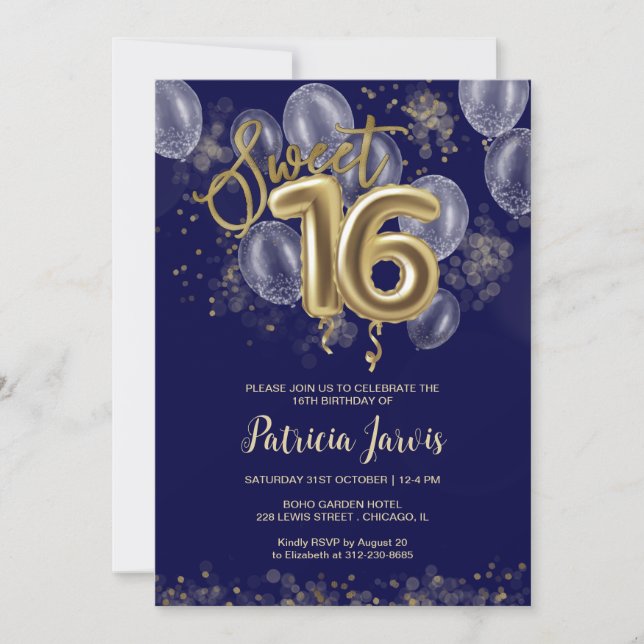 Gold Foil Sweet 16 Bday Balloons Party Royal Blue Invitation (Front)