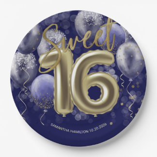 Gold Foil Sweet 16 Bday Balloons Party Royal Blue Paper Plate