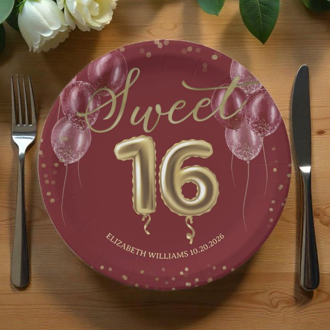 Gold Foil Sweet 16 Birthday Balloons Burgundy Pape Paper Plate (Creator Uploaded)