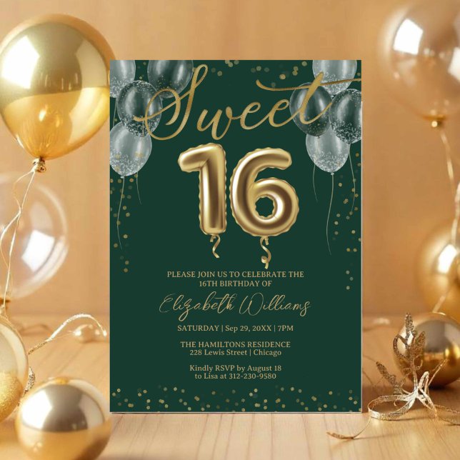 Gold Foil Sweet 16 Birthday Balloons Green Party Invitation (Creator Uploaded)