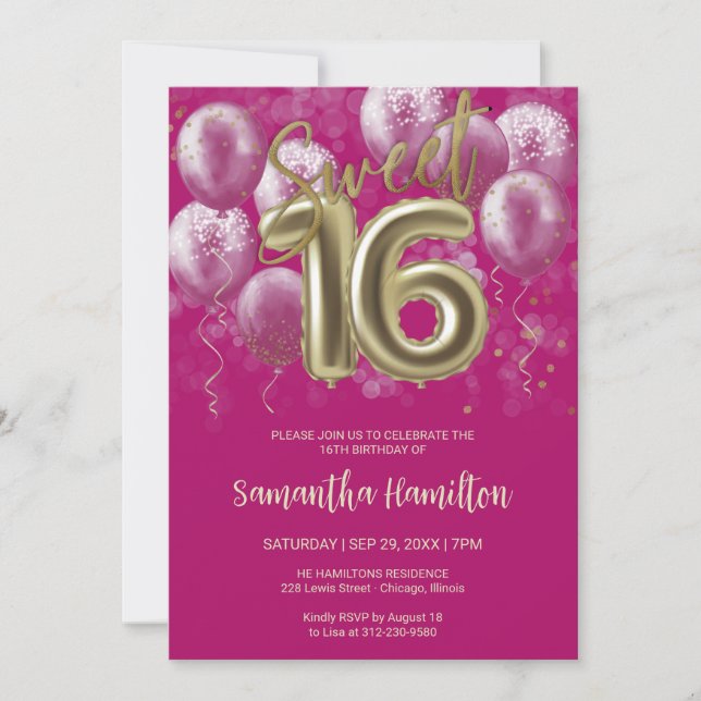 Gold Foil Sweet 16 Birthday Balloons Hot Pink Invitation (Front)