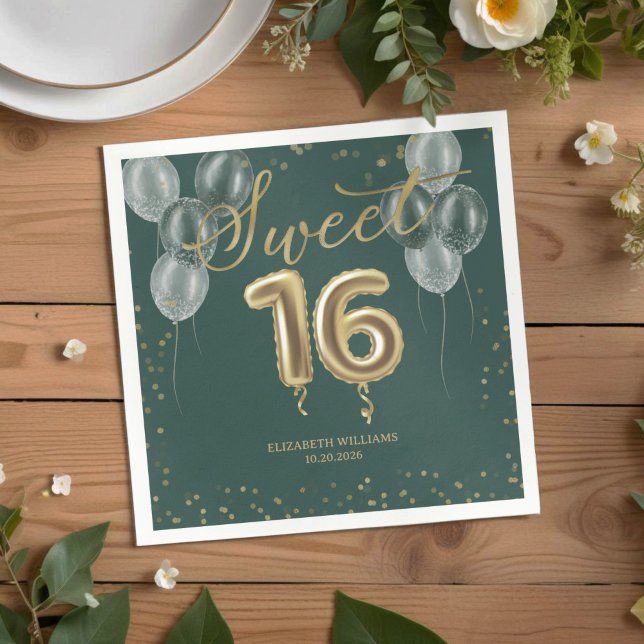 Gold Foil Sweet 16 Birthday Balloons Party Green Napkin (Creator Uploaded)