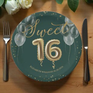 Gold Foil Sweet 16 Birthday Balloons Party Green P Paper Plate